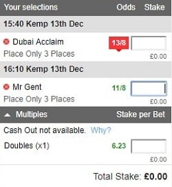 place only accumulator coupon with 2 bets added