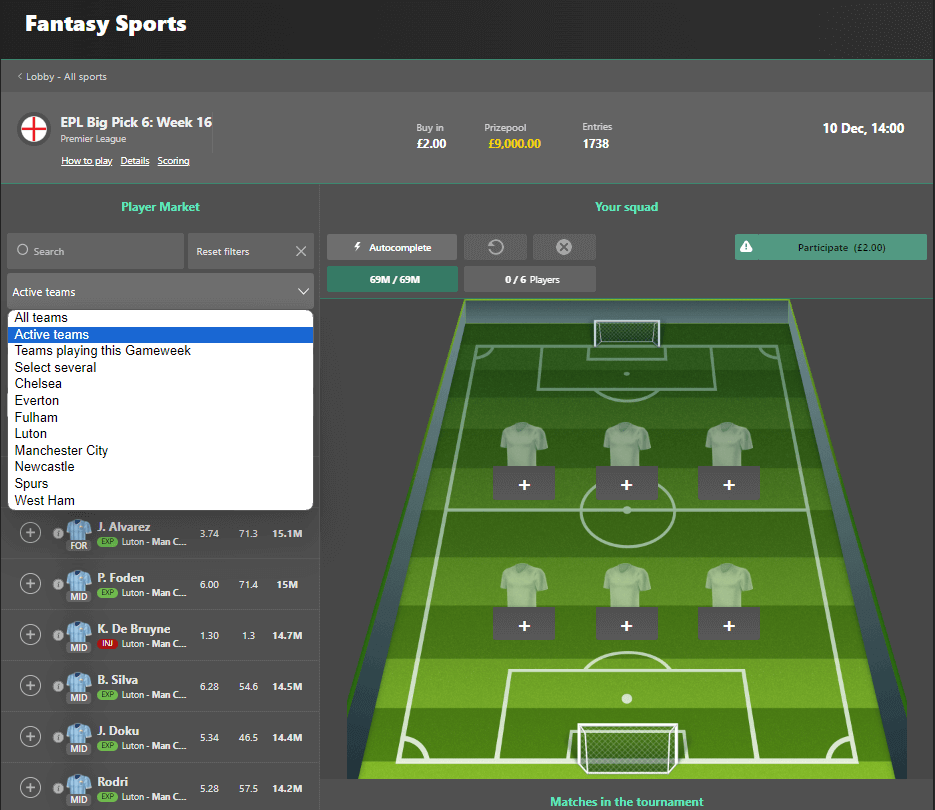 bet365 fantasy football team